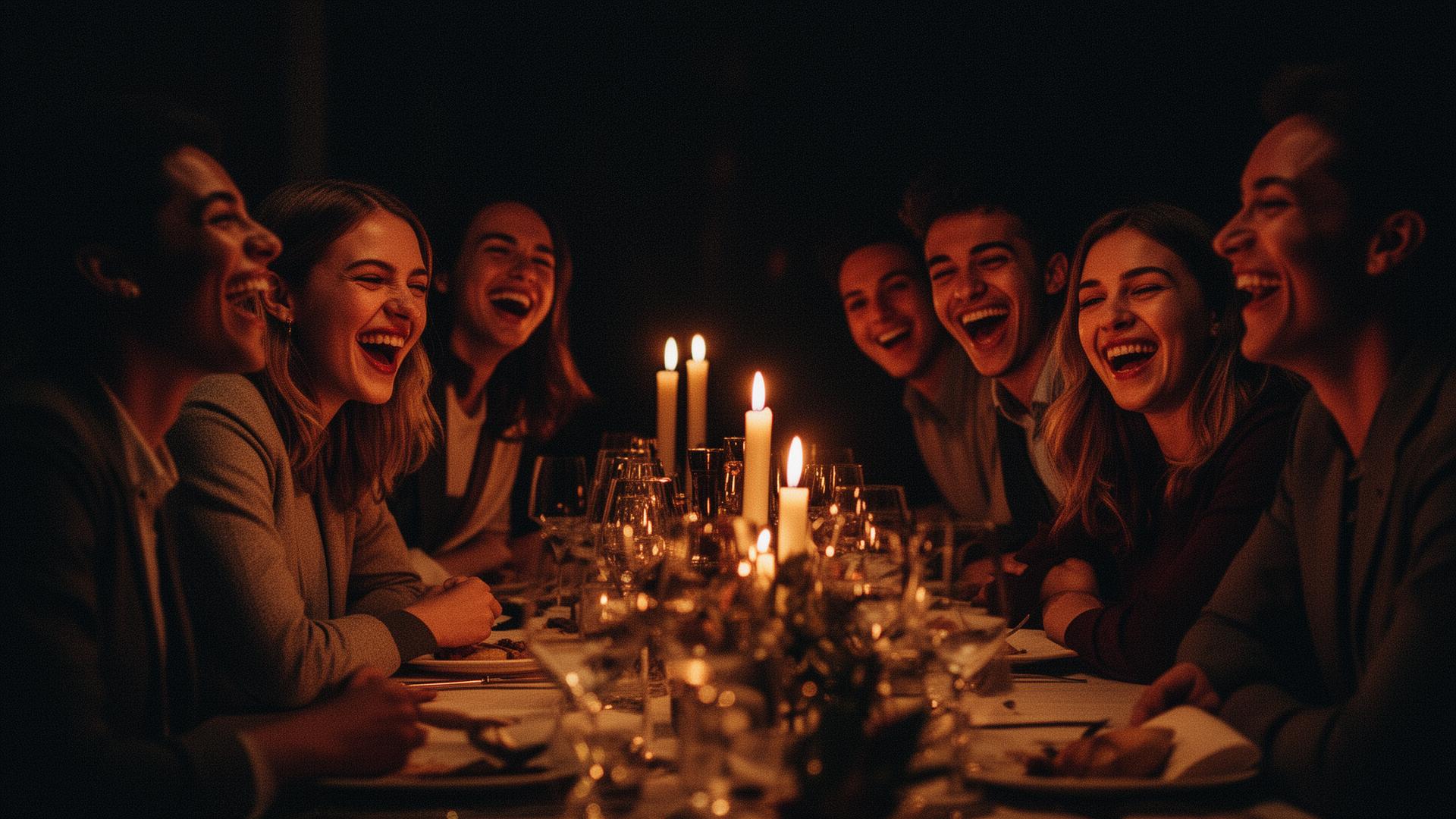 People laughing together at an intimate candlelit dinner